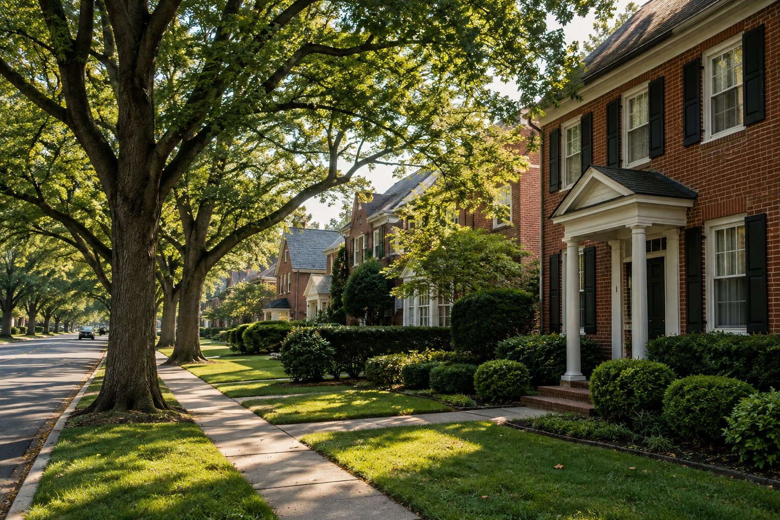 A quiet Harford County street with brick homes, illustrative